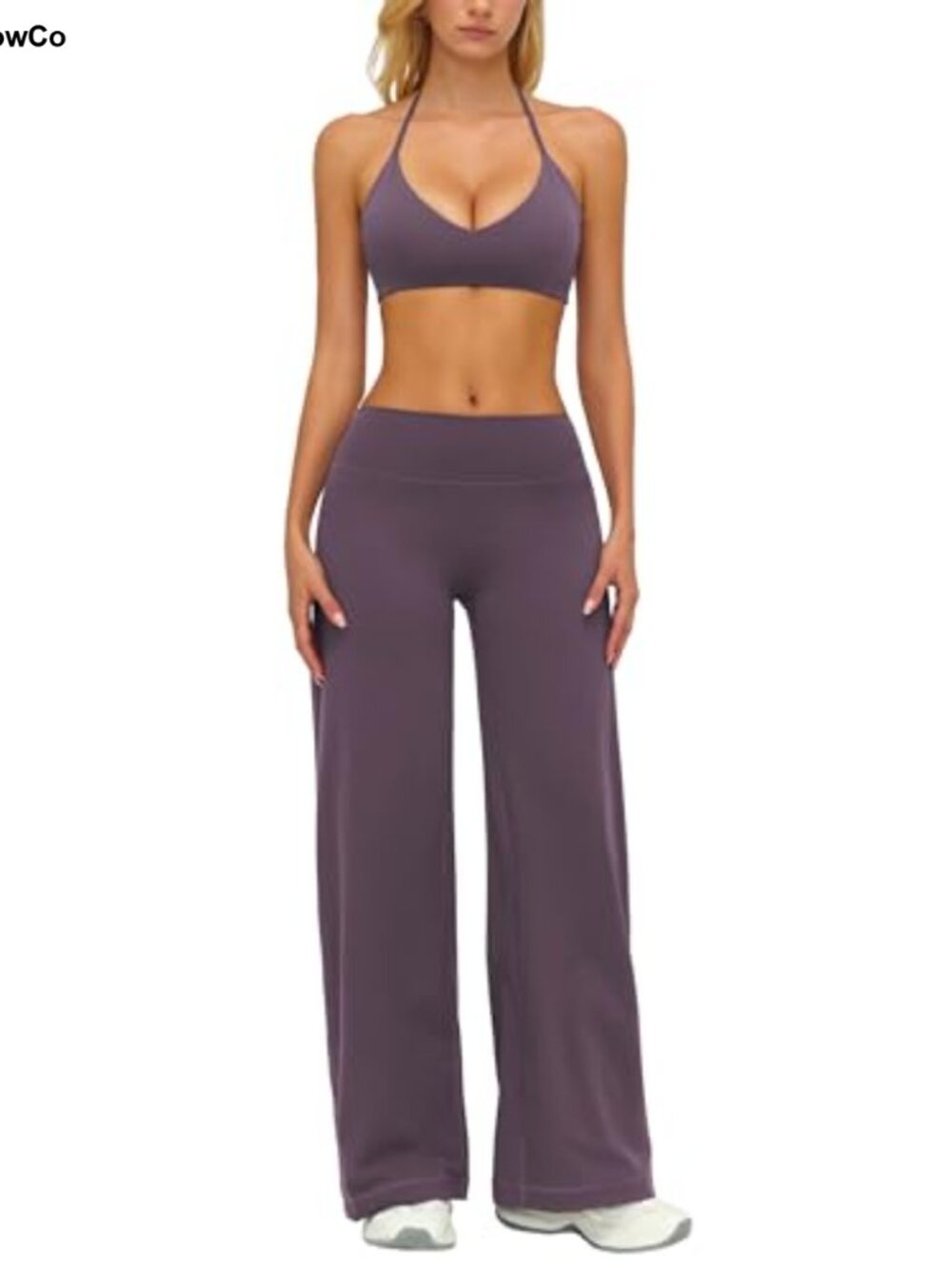 Women's 2pc Workout Set Halter Bra Padded Top Flare Leggings w/ Pockets Active